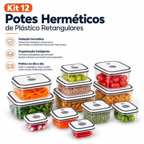 Kit 12 Potes Herméticos de Plástico Retangulares