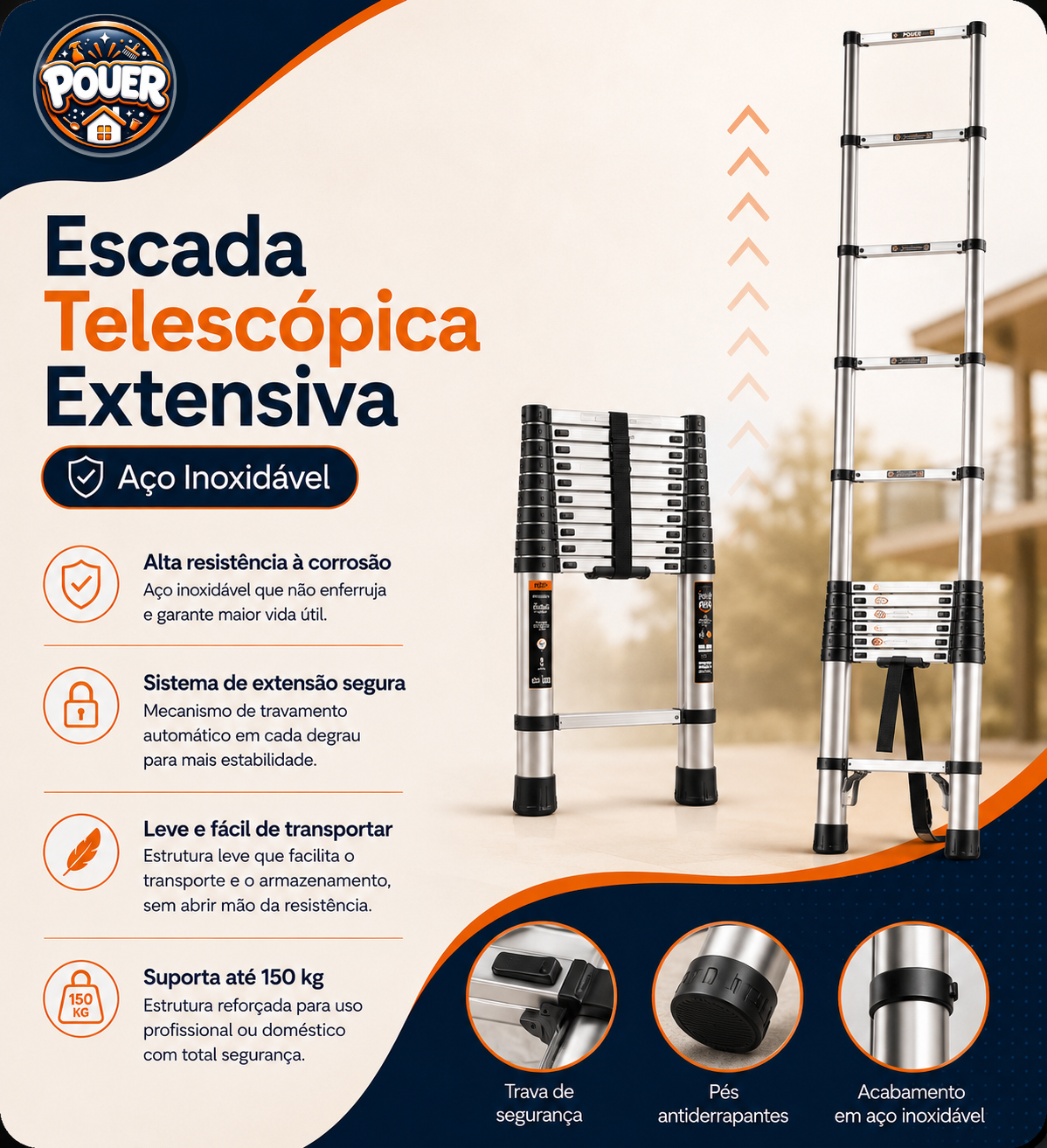 Escada Telescópica Extensiva Aço Inoxidável