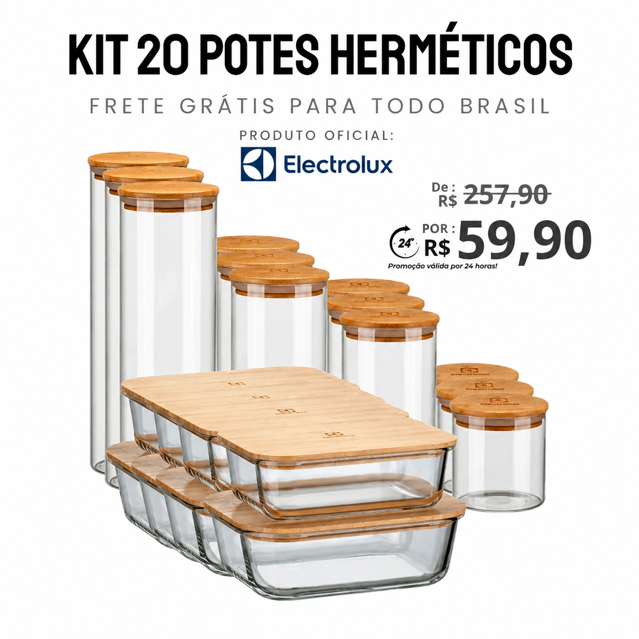 Kit Completo 20 Potes Herméticos com Tampa de Bambu