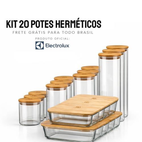 Kit Completo 20 Potes Herméticos com Tampa de Bambu