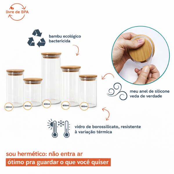 Kit Completo 20 Potes Herméticos com Tampa de Bambu